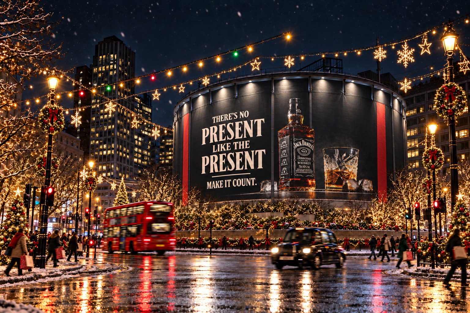 Mock-up of the Jack Daniel’s Christmas billboard wrapped around the Waterloo IMAX: “There’s no present like the present.”